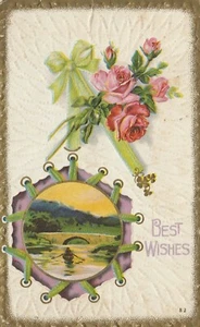 C. 1916 Best Wishes, bote de remos en río con rosas postal vintage A1 - Imagen 1 de 2