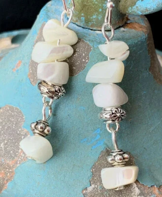 Silver & Mother of Pearl Chip Dangle Earrings. Summer. Beach. Ocean  - Image 1 of 3
