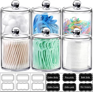 6-Pack Qtip Dispenser Jars Clear Acrylic Storage for Cotton Balls, Swabs, Rounds - Picture 1 of 11