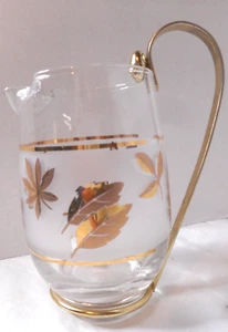 Libbey Frosted GOLD LEAF Small Juice Water Carafe Pitcher W Metal Handle 6 1/8" - Picture 1 of 14