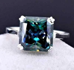 RARE 5 Ct Radiant Cut Treated Dark Blue Solitaire Diamond Ring 925 Silver! - Picture 1 of 6