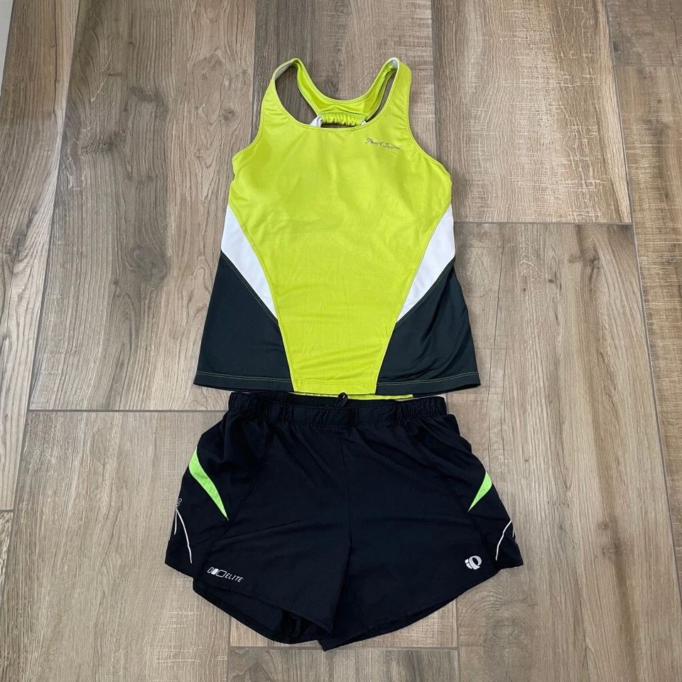 Camiseta sin mangas y pantalones cortos Pearl Izumi para mujer mediana verde y negra paquete de ciclismo para correr Foto 1 de 4