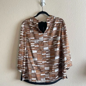 Blusa ligera geométrica marrón blanca mezcla seda St. John para mujer talla 10 - Imagen 1 de 7
