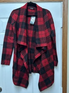 NWT Ralph Lauren 100% Wool OPEN DRAPE Red Buffalo Plaid Cardigan Jacket Size XS - Picture 1 of 7