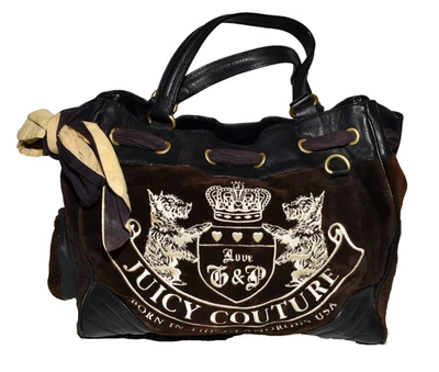 Vtg Juicy Couture Daydreamers Brown Velour Scottie Dogs Large Shoulder Tote Bag - Image 1 of 4