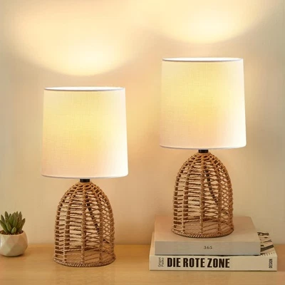 Rattan Lamp Boho Lamps Set of 2-13.75" Mini Farmhouse Table Lamp Rustic End T... - Image 1 of 4