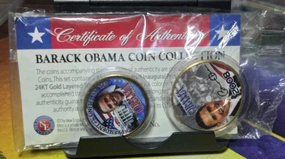 2008 Barack Obama 24kt Ouro Camadas 2 Conjunto de Moedas NOVO Selado Um DÓLAR & JFK Metade - Imagem 1 de 2