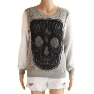 LF RUMOR BOUTIQUE Gray & Black Crochet Skull Sweatshirt NWT Women's Size XS - Picture 1 of 4