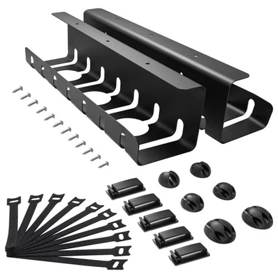 2pcs Black Metal Under Desk Cable Management Tray with Adhesive Clips & Ties - Image 1 of 4
