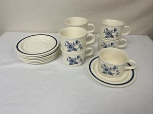 Homer Laughlin Blue White Floral Rare Teacups & Saucers Set of 7 - Picture 1 of 8