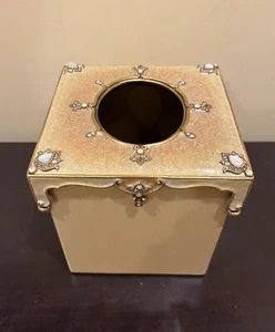 Jay Strongwater Arabesque Tissue Box Holder Cover Beige Enamel & Crystals - Picture 1 of 20