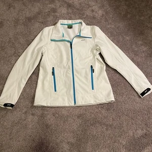 Koppen Women White And Teal Full Zip Jacket Front Zip Drawstring Waist Size M - Picture 1 of 6