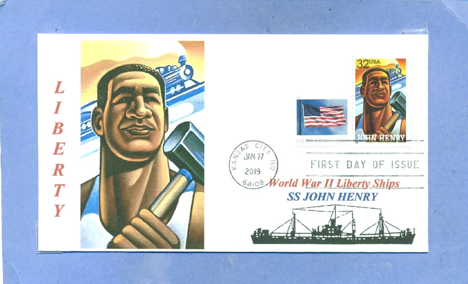 3085 JOHN HENRY Liberty Ship named: RAILROAD Folk Hero Cachet, Flag First Day PM - Image 1 of 1