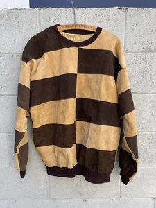 Vintage Suede Checkerboard Shirt Pull Over Brown Color Block Medium / Large 70s - Picture 1 of 5