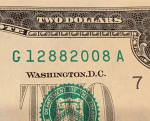 12882008 December 8, 2008 $2 Dollar Bill Fancy Serial Number Birthday Note UNC - Picture 1 of 3