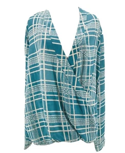 CAbi #3068 Women's Blue Windowpane Print Faux Wrap High-Low Blouse Medium NEW - Picture 1 of 7