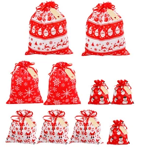 10PC Christmas Drawstring Gift Bags Set with Tags - 4 Sizes - Picture 1 of 7