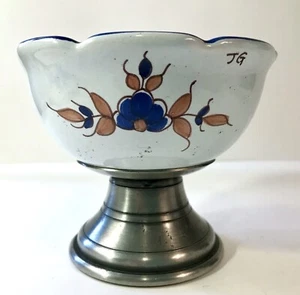 Jean Goardere Pewter Ceramic Pedestal Bowl Etain Fait Hand Painted Compote VTG - Picture 1 of 5