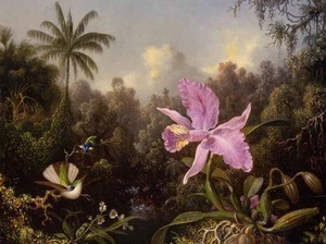 Oil Martin Johnson Heade - stunning landscape birds Orchid and Two Hummingburds - Picture 1 of 1