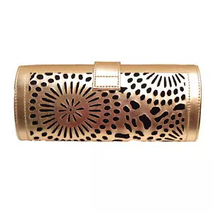 Estee Lauder Clutch Handbag Women S Gold Lazer Cut Faux Leather Pink Lining Bag - Picture 1 of 10