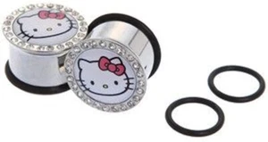 Hello Kitty O-Ring with Clear CZ Gems Surgical Steel 316L Gauges/Plugs A/2/3/26 - Picture 1 of 1