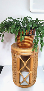 Vintage Small Table Round Bamboo 1970s Rattan Mid Century Plant Stand #