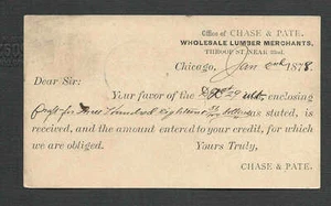 FECHADA 1878 PC CHICAGO IL CHASE & PATE MADERA AZUL CANCELACIÓN CON ENVÍO W. D. STA - Imagen 1 de 2