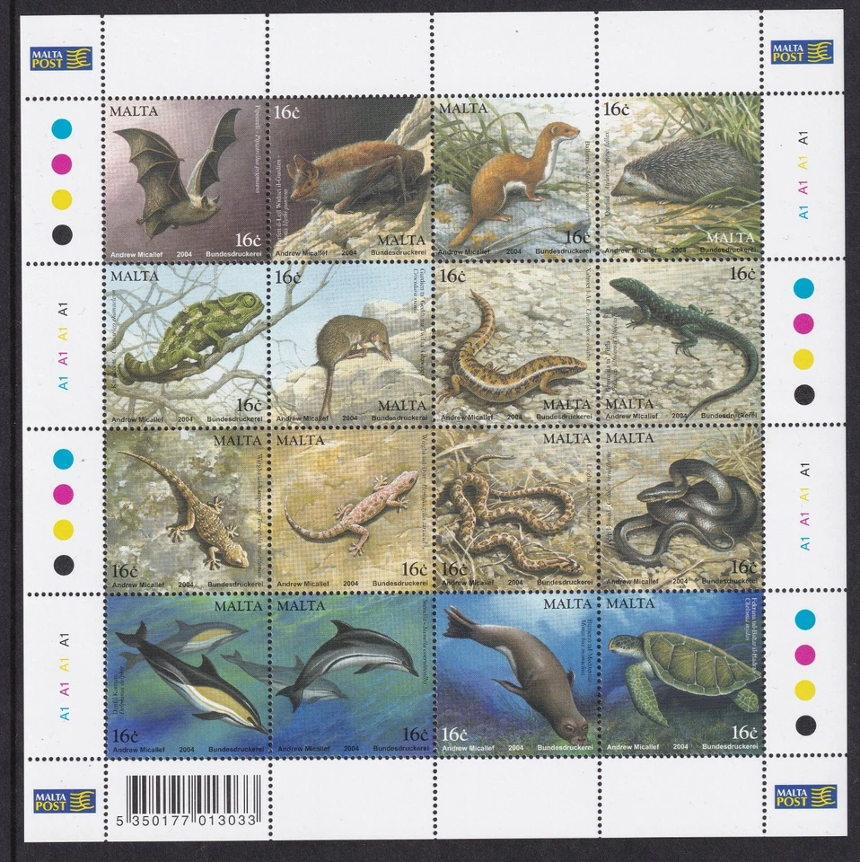 UMM MNH  MALTA STAMP SHEET 2004 MAMMALS & REPTILES SG 1355-1370 - Image 1 of 1
