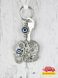 Turkish Blue Evil Eye and Hamsa Hand Key Chain Elephant Design Lucky Eye Keyring - Picture 1 of 6