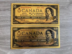Gold Foil/Souvenir Canada $50 & $100(Devil Face) Notes-Queen Elizabeth 1926-2022 - Imagen 1 de 6