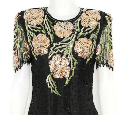 Beaded Silk Dress Black and Pink Scala Open Back Retro Look Special Occasion LBD - Image 1 of 4