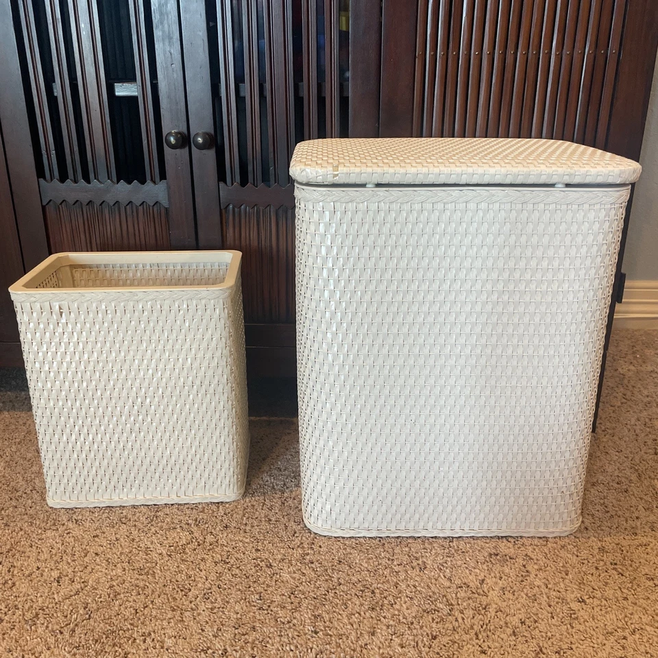 VTG Redmon Woven Laundry Clothes Hamper 18" Ivory and matching wastebasket  - Image 1 of 4