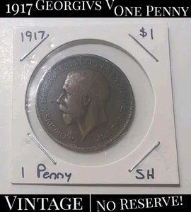 ✨ANTIQUE✨ 1917 GREAT BRITAIN One Penny Coin VF-XF GEORGE V DEI GRA.BRITT - Picture 1 of 13