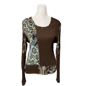 Alberto Makali Brown Beaded Crinkle Stretch Blouse Size Large NWT - Picture 1 of 6