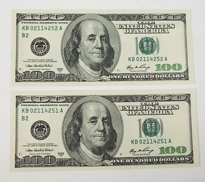 (2) 2006 $100 Notes – Crisp Uncirculated – Consecutive Numbers KB 02114251/2 A - Image 1 of 3