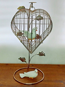 2 Vintage Homco Porcelain White Dove Figurines with Metal Bird Cage