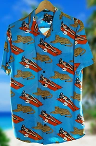 Baja Llama Purrfect Woman Tropical Hawaiian Blue Nighthawk Shirt Men's Size S - Picture 1 of 7