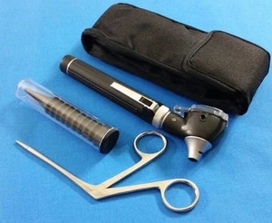 BLACK MINI FIBER OPTIC Otoscope LED Diagnostic + Alligator ENT EAR NOSE forceps - Picture 1 of 10