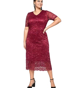 VESTIDO Sheego Talla Grande 22 Rubí Elastizado Encaje Forro Malla Forro £100 Fiesta - Imagen 1 de 7