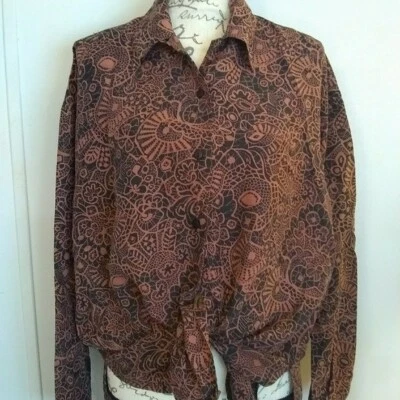 Camisa Vintage Bogari Studio Seda Tribal Estampado Geométrico Mediana Foto 1 de 4