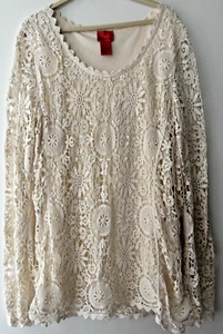 Cristina Cream Cotton Crochet Sweater sz XL Long Sleeve Floral Lined EUC - Picture 1 of 6
