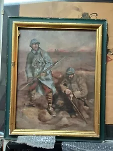 QUADRO OLIO SU TAVOLA MILITARI AL FRONTE PRIMA GUERRA MONDIALE 30x40 CM BELLO - Foto 1 di 7