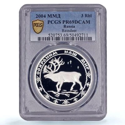 Russia 3 roubles Protect Our World Reindeer Fauna PR69 PCGS silver coin 2004 - Image 1 of 2