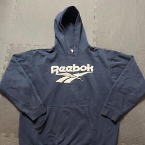 Vintage 90s Reebok Mens Hoodie Sweatshirt Blue White Logo Pull-Over XL
