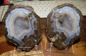 1 LG. HOLLOW SPARKLY 4X3.25 IN LAS CHOYAS QUARTZ CRYSTAL GEODE  PAIR W/ STANDS - Picture 1 of 6