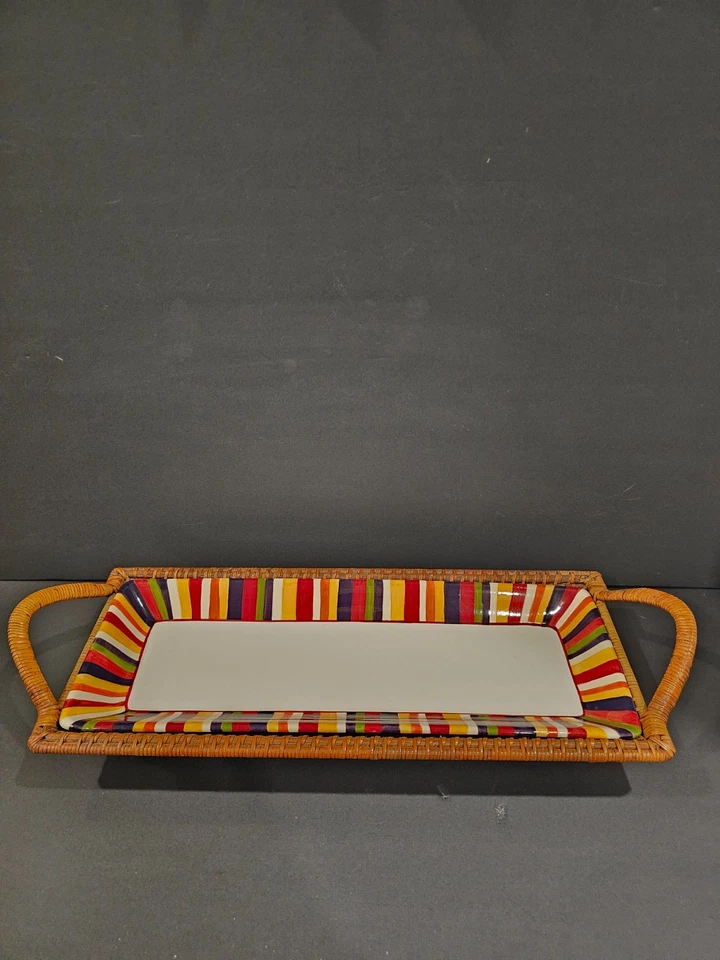Pampered Chef Woven Selections Striped Serving Platter Wicker Tray Holder - Image 1 of 4