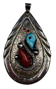 R. Nieto Navajo Sterling Snake Pendant Turquoise Coral Signed Vintage Native - Picture 1 of 8