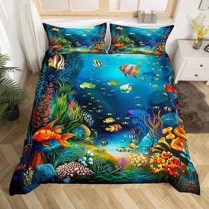 Kinder Cartoon Ozean Fisch Bettwäsche Set Ozean Marine Thema Bettdecke Bezug für Bo... - Bild 1 von 5