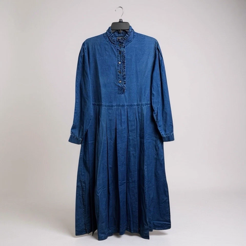 Maxi Vestido Laura Ashley Vintage Pradera Denim Manga Larga Volantes Talla 8 M/L Foto 1 de 4
