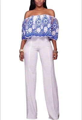 Womens Off The Shoulder Embroidered Lace Ruffle, Wide Leg Jumpsuit Wht/Blue Sz-M - Image 1 of 4